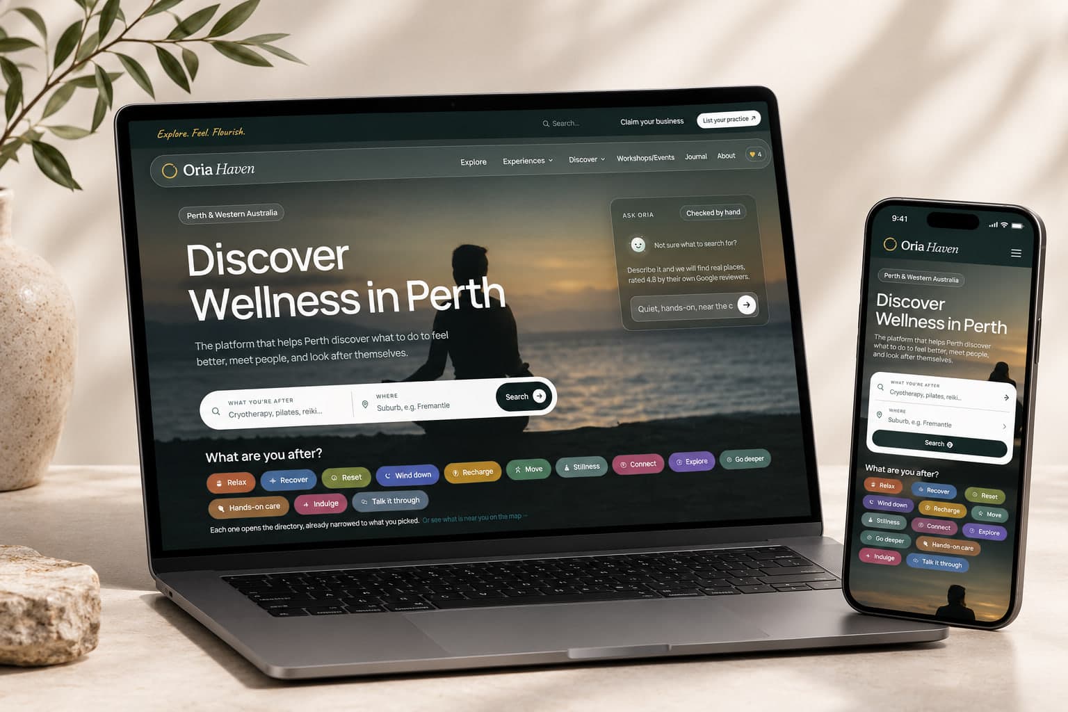 Oria Haven homepage on a laptop and phone — Discover Wellness in Perth, with search and category browsing
