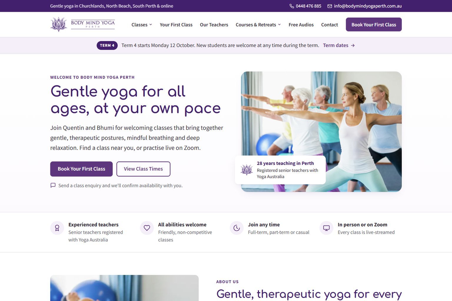 Body Mind Yoga Perth homepage — gentle yoga for all ages, with class booking and term dates
